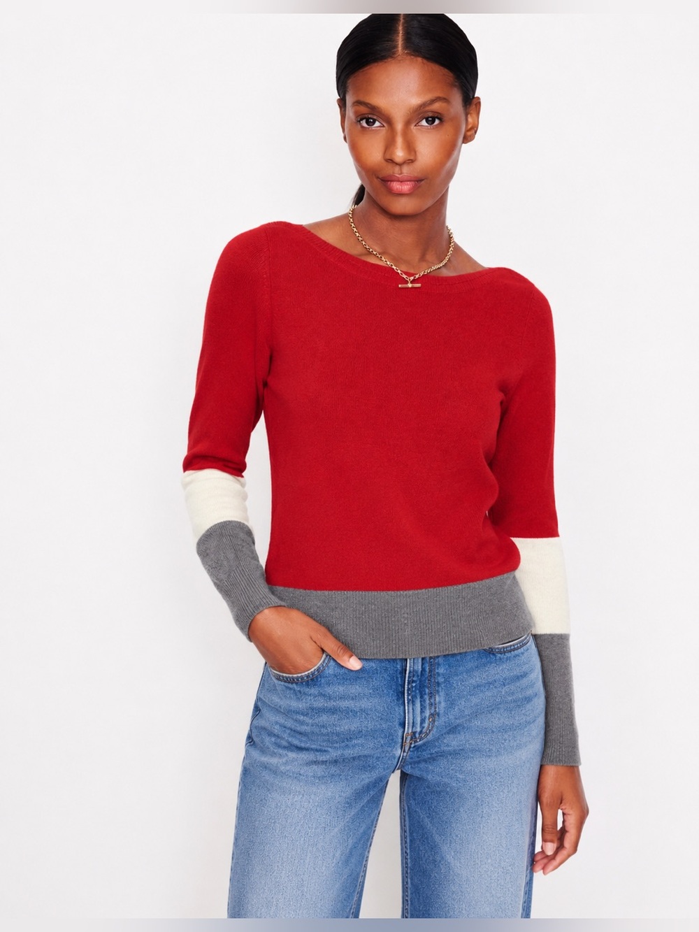 NEW Womens Boatneck GAP Red, Cream, and Gray Crew Neck Sweater 242
